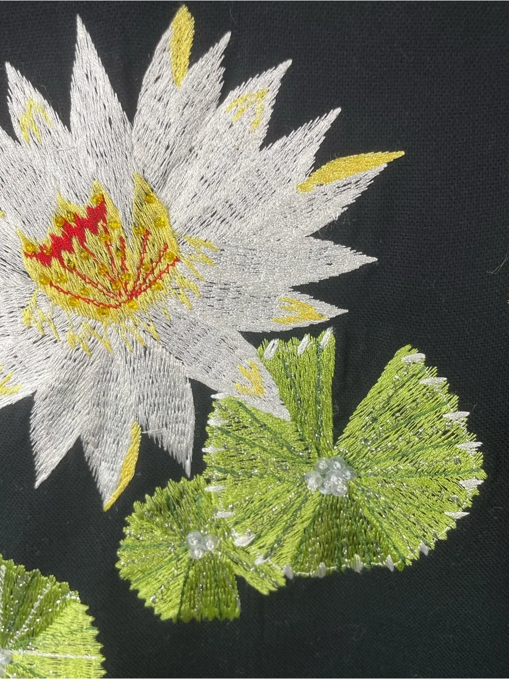 Vtg ANAGE Wearable Art Jacket Large Black Cotton Embroidered Water Lily Lotus